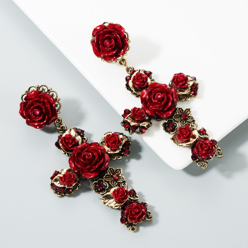 Fashion Baroque Roses Cross Long Earrings Supplier