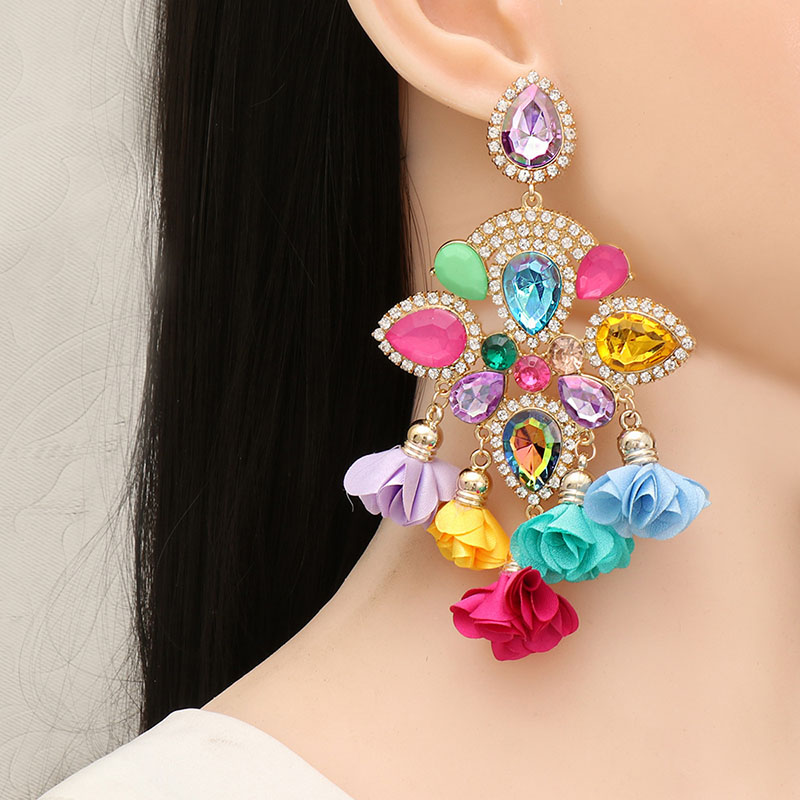 Colorful Diamond Encrusted Flower Earrings Jewelry For Women Distributor