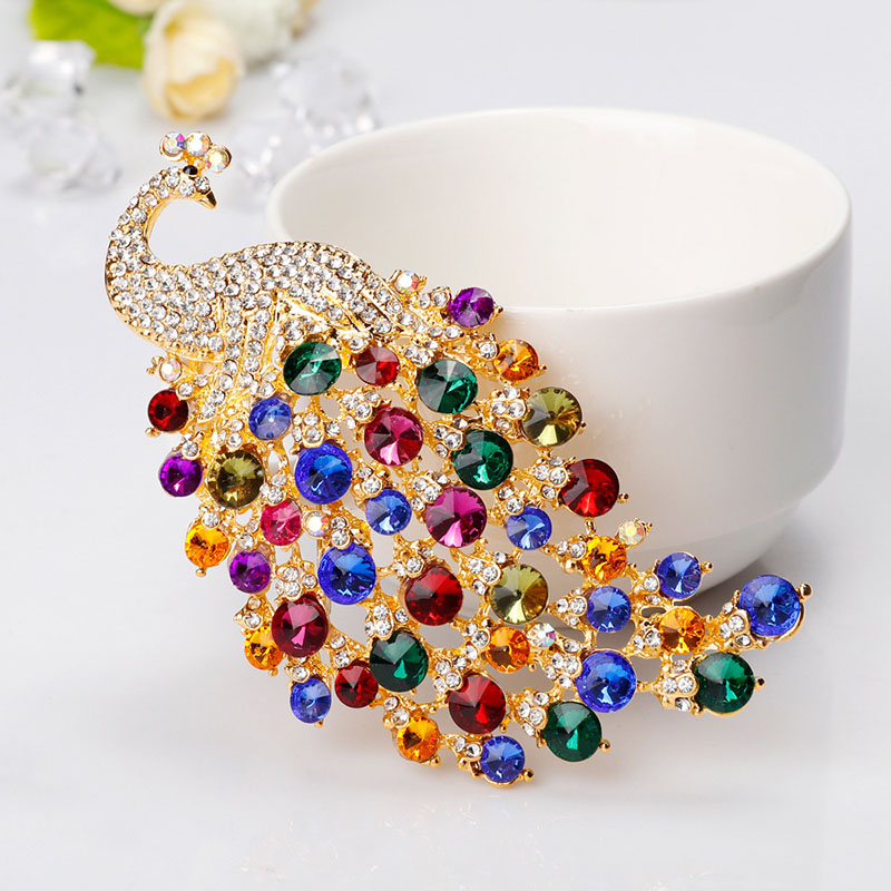 Extra Large Size Seven Color Crystal Rhinestone Peacock Brooch Manufacturer