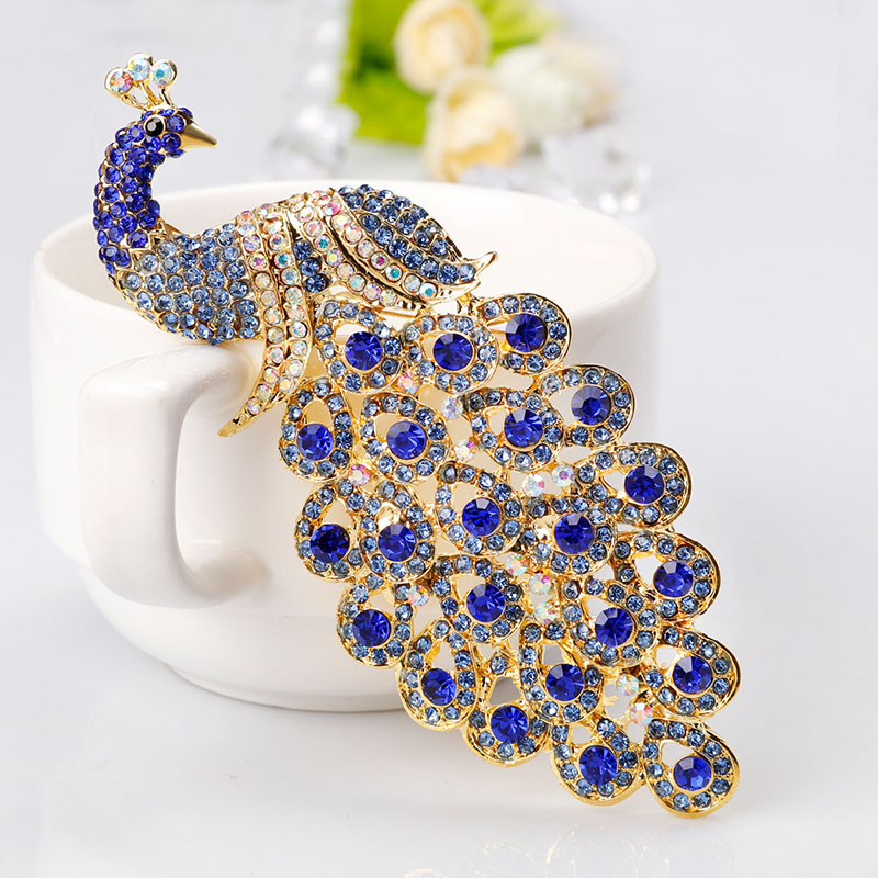 Large Size Blue Crystal Rhinestone Peacock Brooch Manufacturer