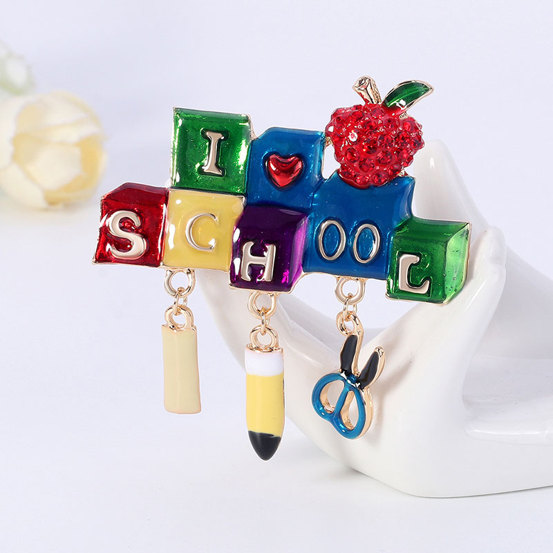 Wholesale Cartoon School Alloy Drip Oil Rhinestone Letter Brooch