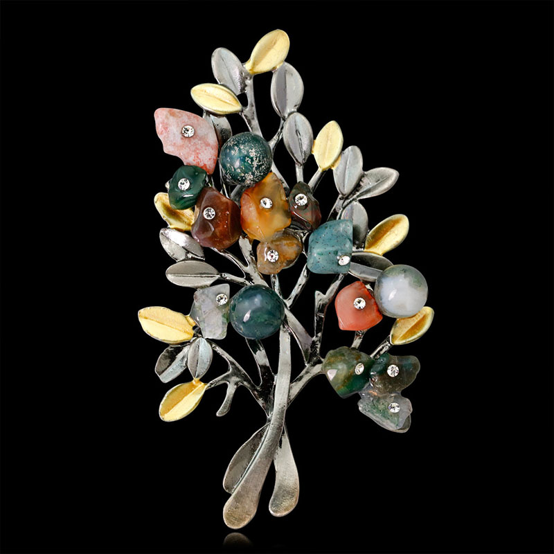 Wholesale Vintage High-grade Christmas Tree Brooch Natural Colored Stone Corsage