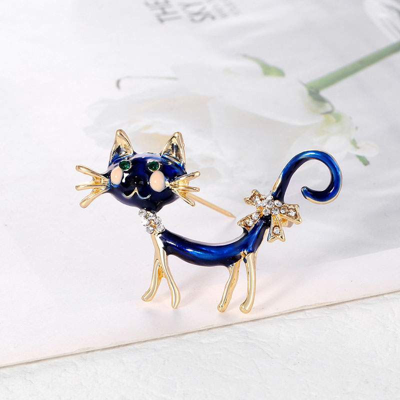 Wholesale Cat Brooch Blue Oil Dripping Rhinestone Cute Animal Pins