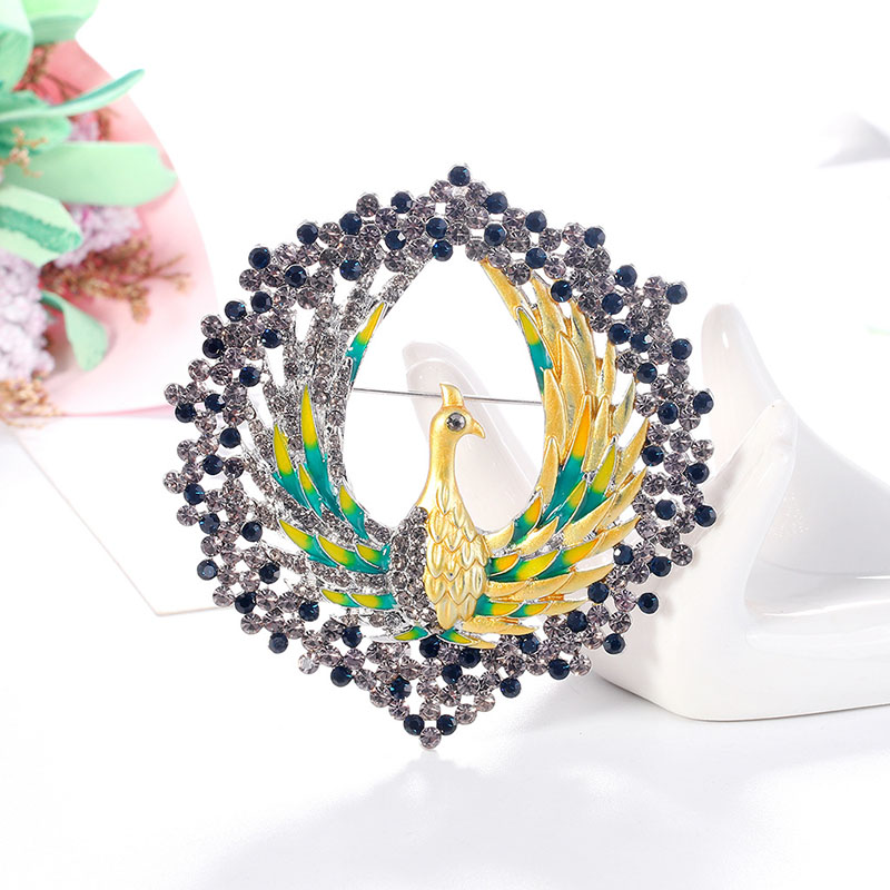 Wholesale Peacock Brooch Alloy Drip Oil Full Diamond Corsage Creative Animal Pins