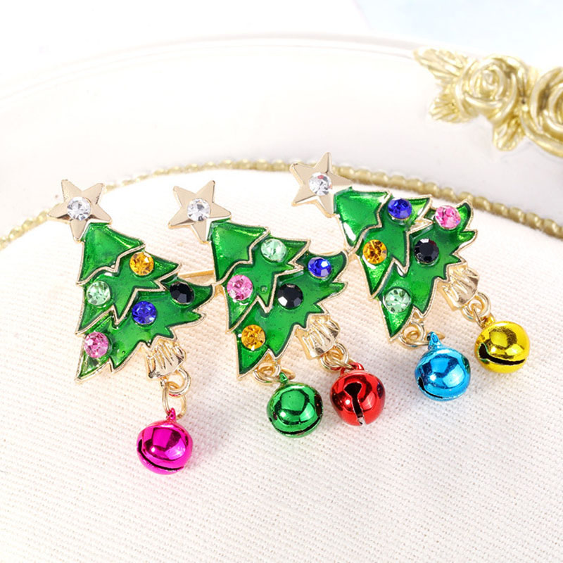 Wholesale Festive Christmas Tree Bells Brooch Rhinestone Painted Oil Drip Corsage