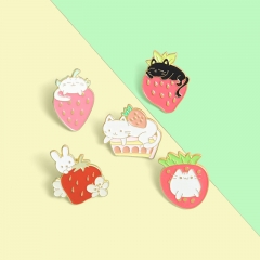 Wholesale Strawberry Alloy Kitten Rabbit Baked Lacquer Brooch Pin Badge