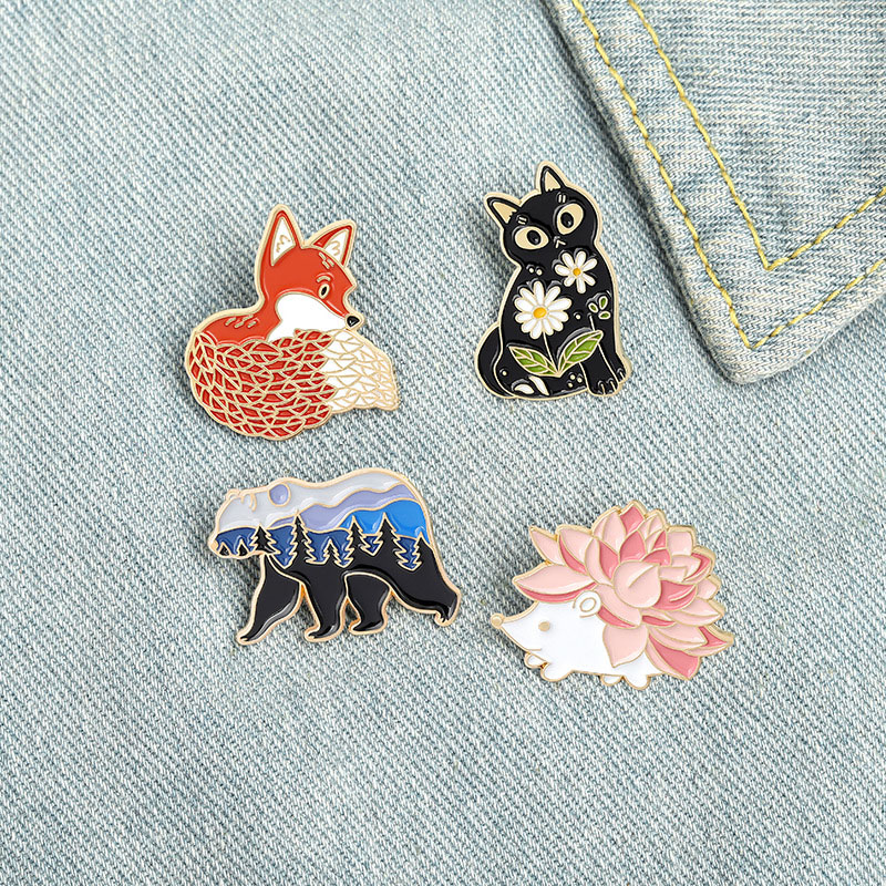 Wholesale Cute Red Fox Black Cat Hedgehog Brooch