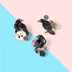 Wholesale Black Crow Skull Rose Brooch