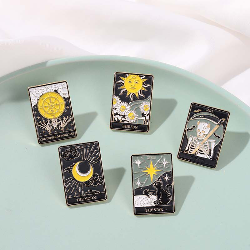 Wholesale Jewelry Tarot Card Brooch Black Skull Moon Sun Metal Badge