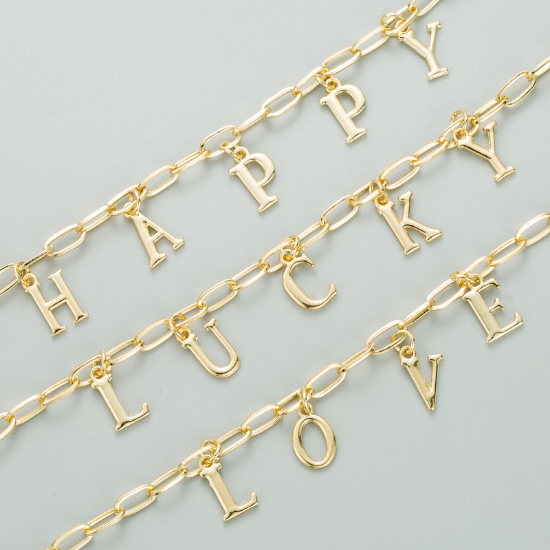 Colorful Gemstone Copper Plated Real Gold 26 Letters Alphabet Clasp Chain Necklace Manufacturer