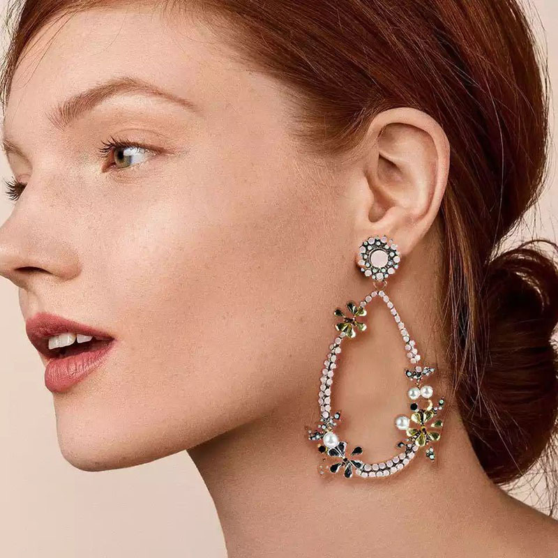 Flower Pearl Alloy Drop With Rhinestones Long Earrings Manufacturer