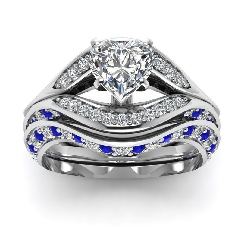 Heart Shaped Blue Zirconia Copper Silver Plated Couple Set Ring Supplier