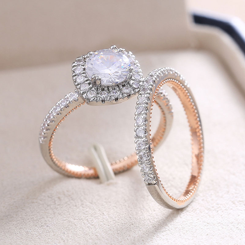 Exquisite Luxury Zircon Pair Ring Copper Plated Bicolor Micro-setting Distributor