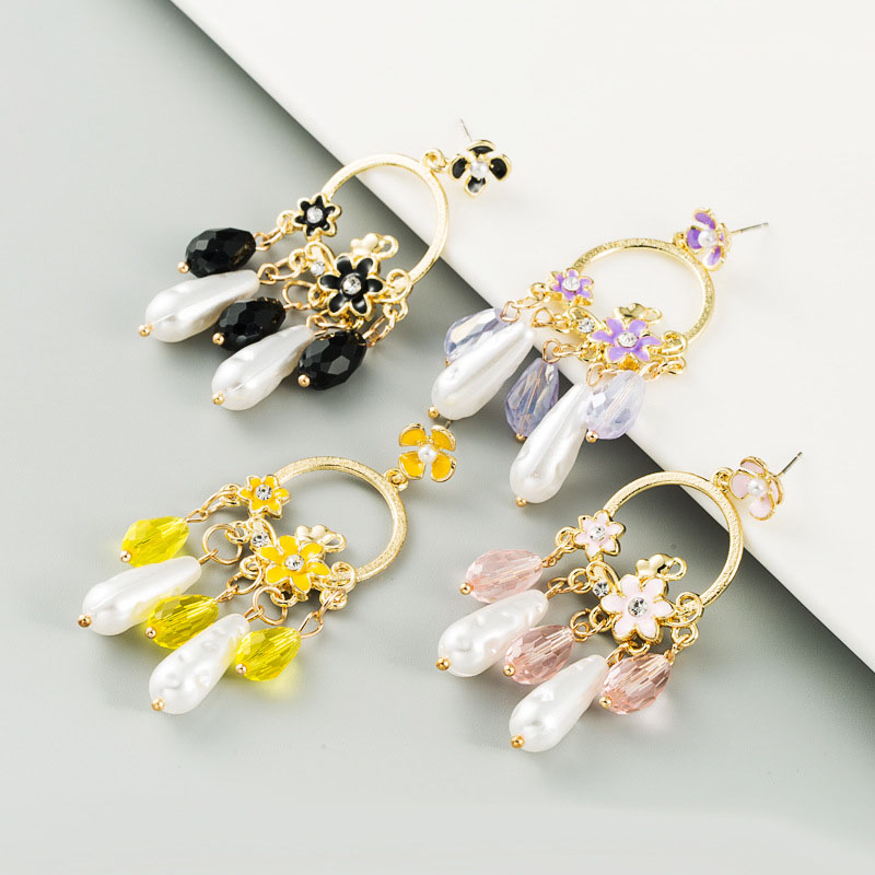 Long Tassel Pearl Crystal Oil Drip Flower Earrings Distributor