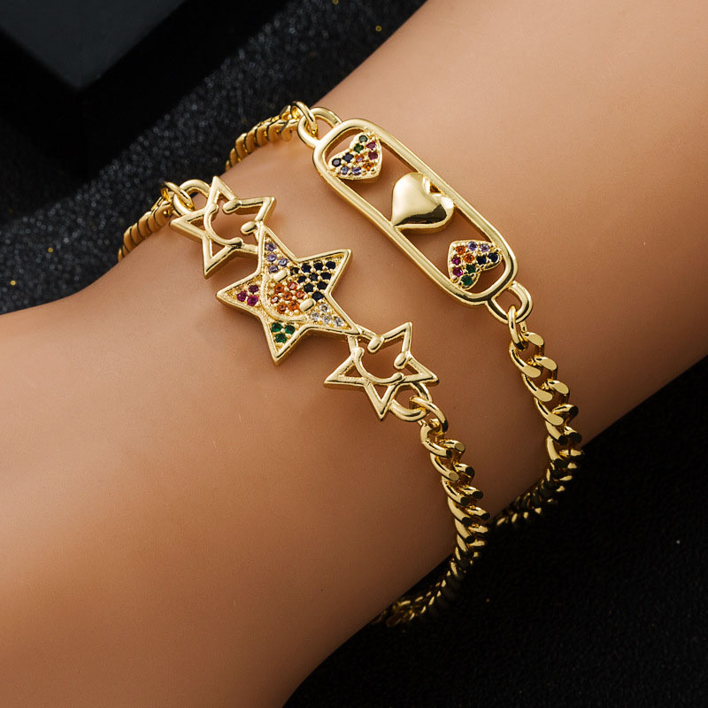 Copper Plated Real Gold Micro-set Zirconia Star Love Bracelet Trendy Hip-hop Distributor