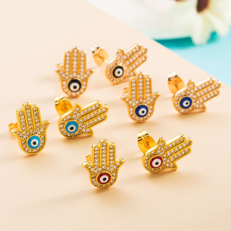 Copper Micro-set Colored Zircon Earrings Trendy Fatima Palm Earrings Supplier