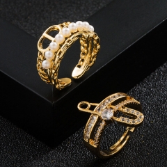 Micro-set Zirconia Geometric Pearl Ring Trendy Design Finger Ring Supplier
