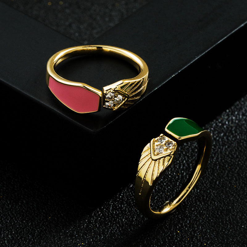 Trendy Copper Plated Real Gold Micro-set Zirconia Drip Oil Geometric Ring Supplier