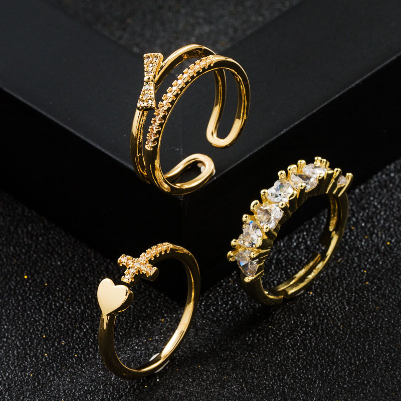 Simple Copper Plated Real Gold Micro-set Zirconia Ring Hip Hop Style Open Ring Supplier