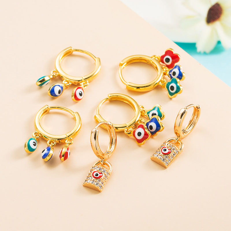 Colorful Zircon Earrings Buckle Copper Plated Real Gold Devil's Eye Oil Drip Earrings Supplier