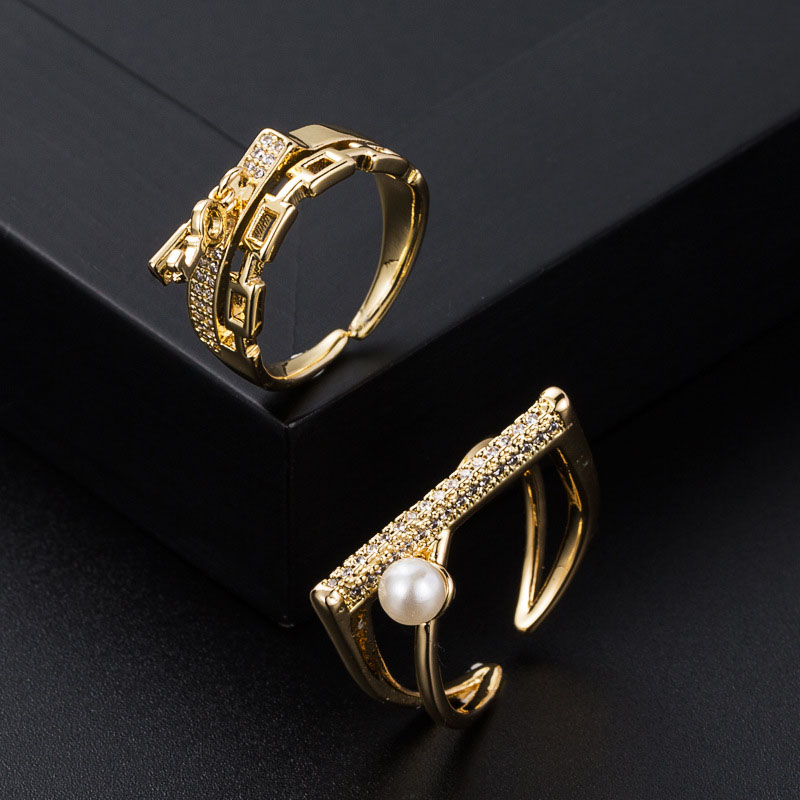 Fashion Copper Plated Gold Micro-set Zirconia Geometric Pearl Ring Distributor