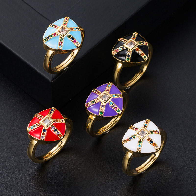 Vintage Fashion Copper Gold-plated Micro-set Zirconia Colorful Oil Drip Geometric Ring Distributor
