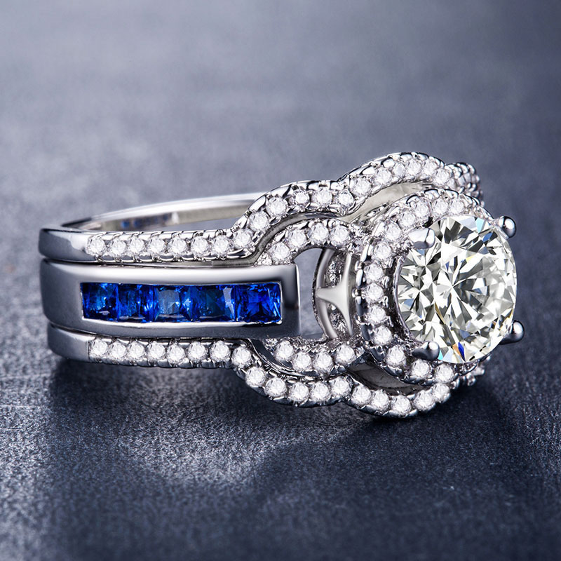 Luxury Treasure Blue Zircon Rings Silver Plated Three Piece Ring Set Distributor
