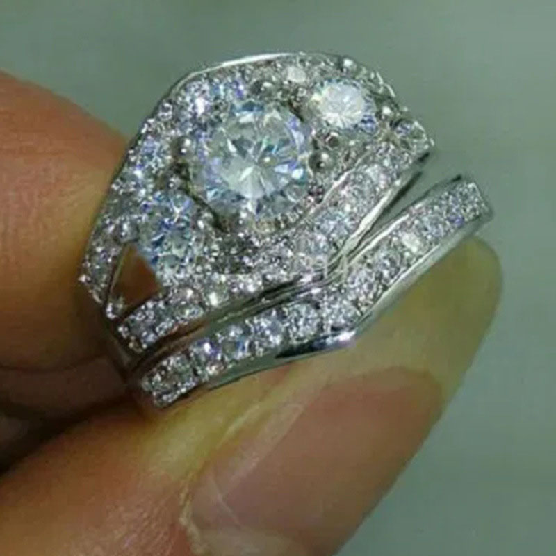 Wholesale Jewelry Silver Fashion Round Zircon Two-piece Simple Ring