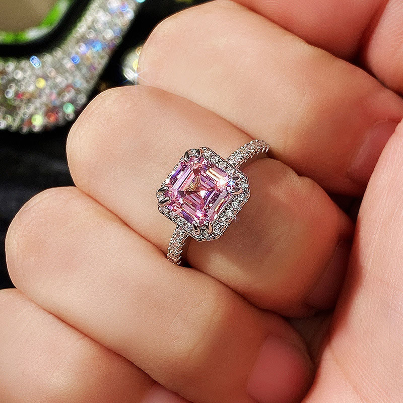 Wholesale Jewelry Classic Super Flash Square Pink Diamond Princess Ring