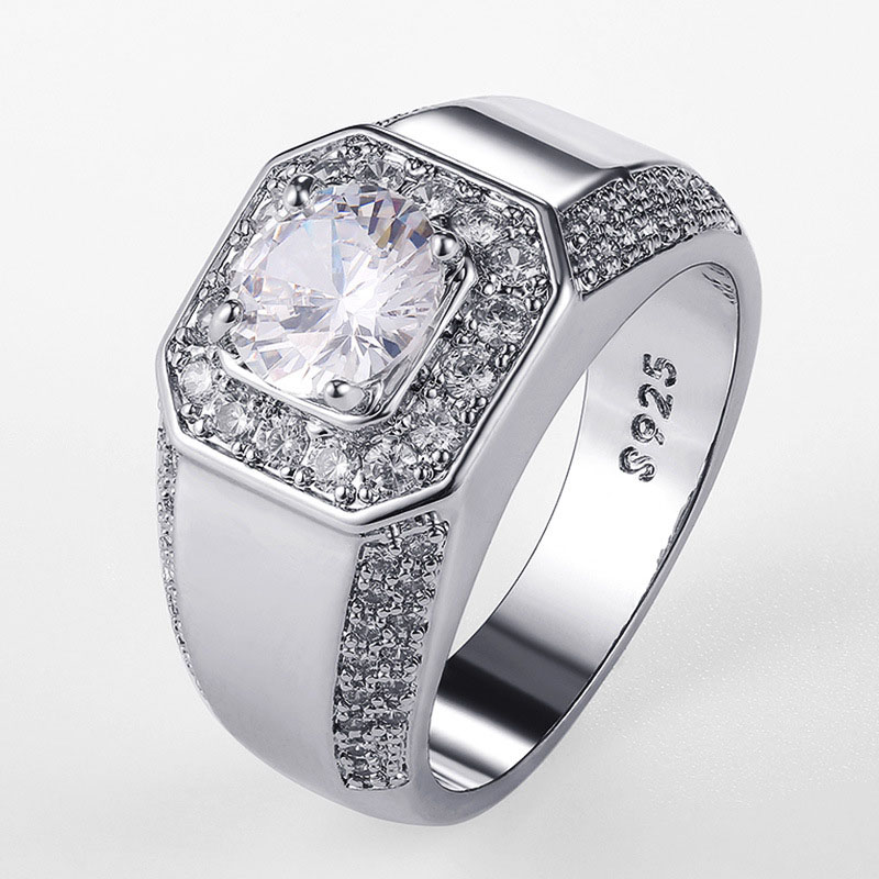 Wholesale Jewelry Luxury Delicate Ring For Men Silver Plated 18k White Gold Simulated Zircon