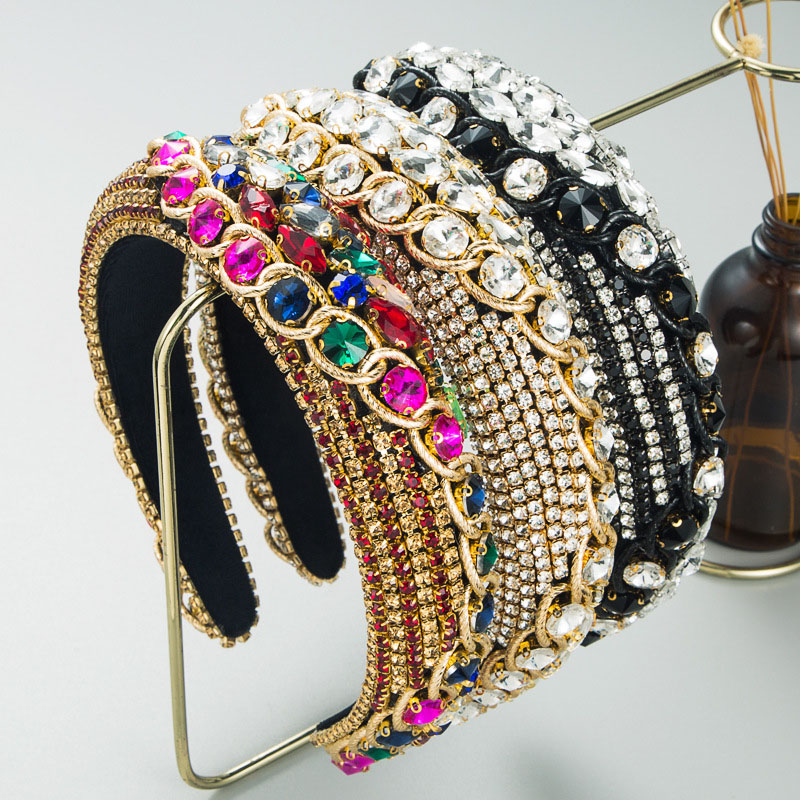 Color Diamond Sponge Headband Female Wide Side Baroque Retro Chain Hair Accessories Supplier