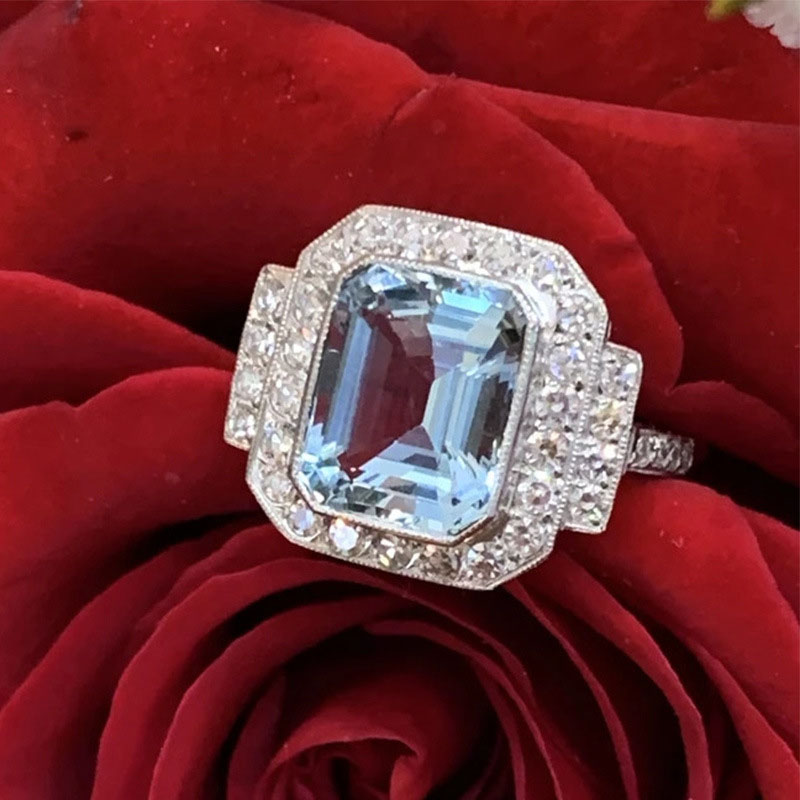 Wholesale Jewelry Luxury Square Aquamarine Zircon Ring