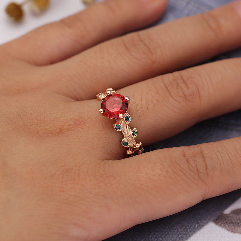Wholesale Jewelry Red Flower And Green Leaf Colored Diamond Rose Gold Plated Zirconia Ring