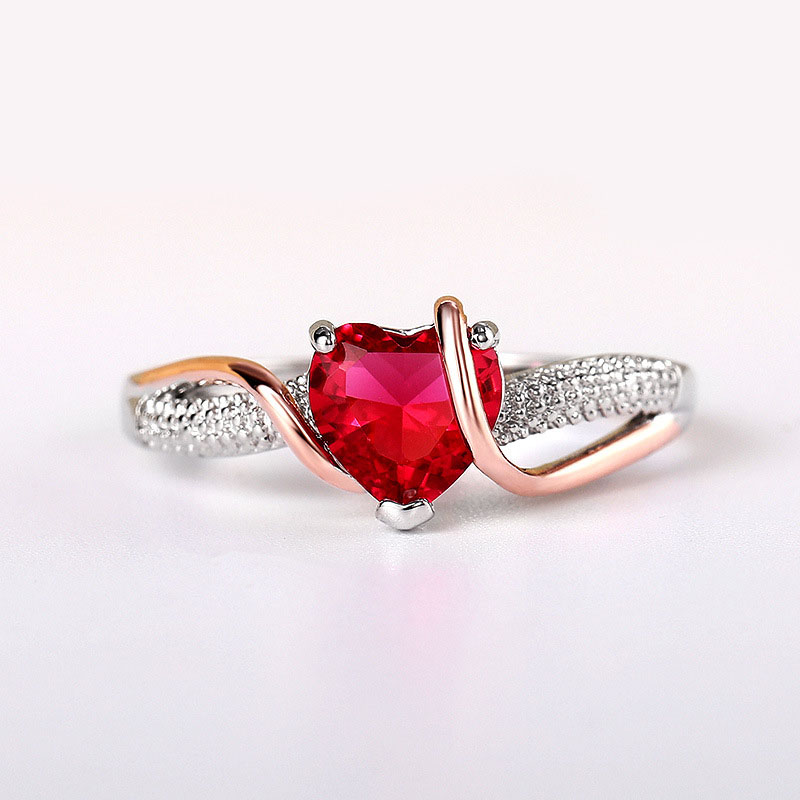 Wholesale Red Love Shaped Zirconia Ring Two Color Plating
