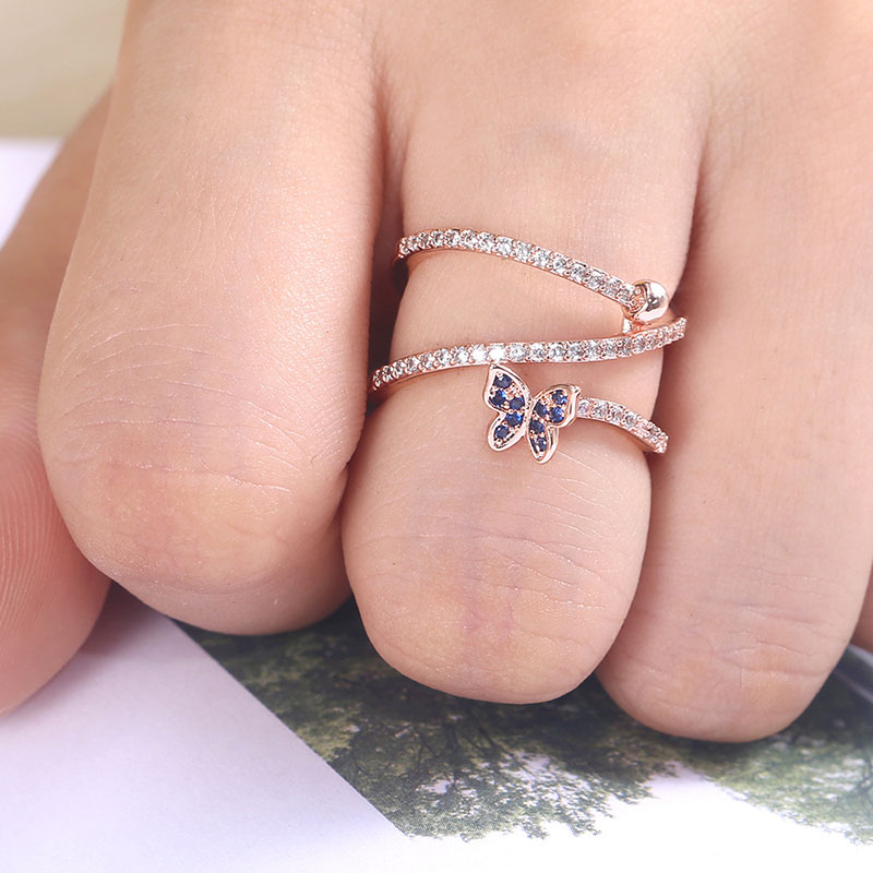 Wholesale Jewelry Creative Blue Butterfly Shape Finger Ring Micro Zirconia Fashion Ladies Ring