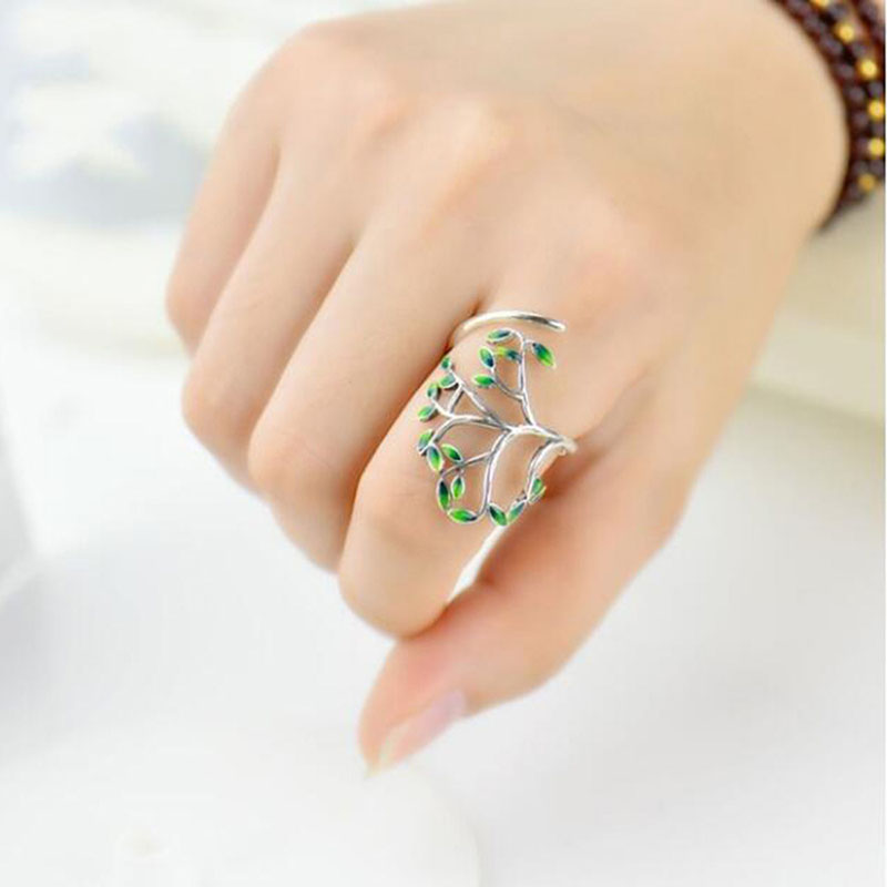 Wholesale Jewelry Handmade Drip Glaze Green Leaf Branch Fashion Opening Adjustable Ring