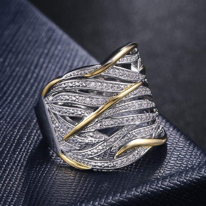 Wholesale Jewelry Micro Zirconia Winding Multi-layered Gold Bicolor Ring