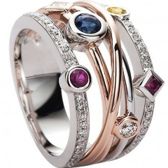 Wholesale Jewelry Hip Hop Jewelry Fashion Geometric Lines With Multi-color Zirconia Ring