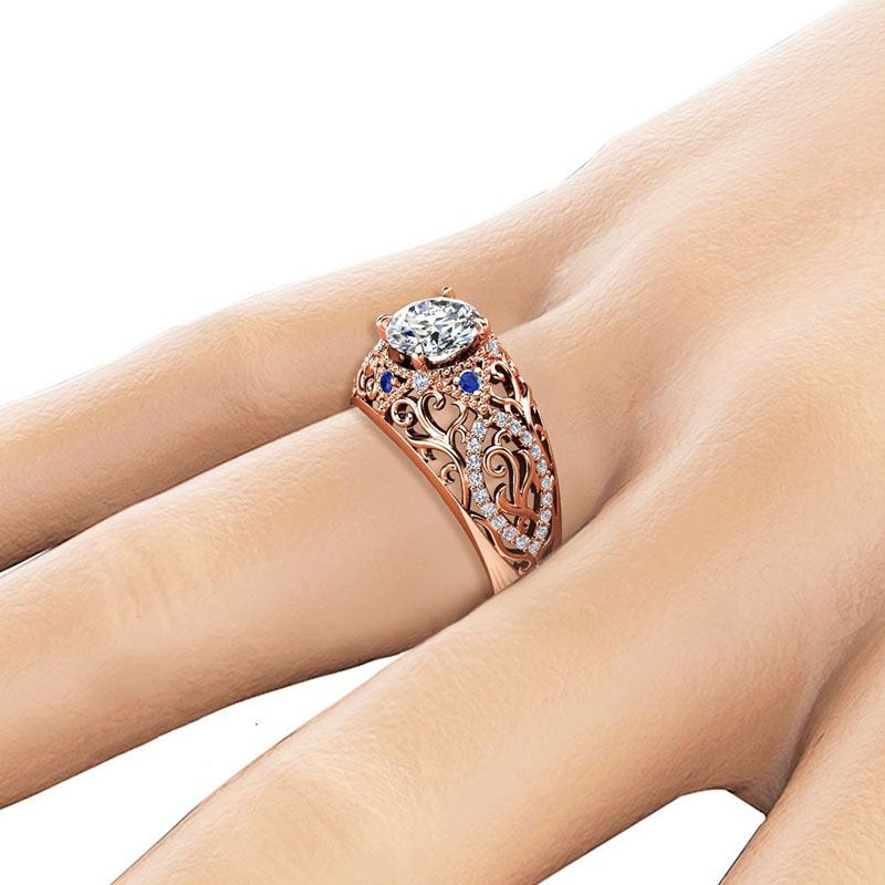 Wholesale Jewelry Openwork Floral With Zirconia Blue Stone Rose Gold Ring