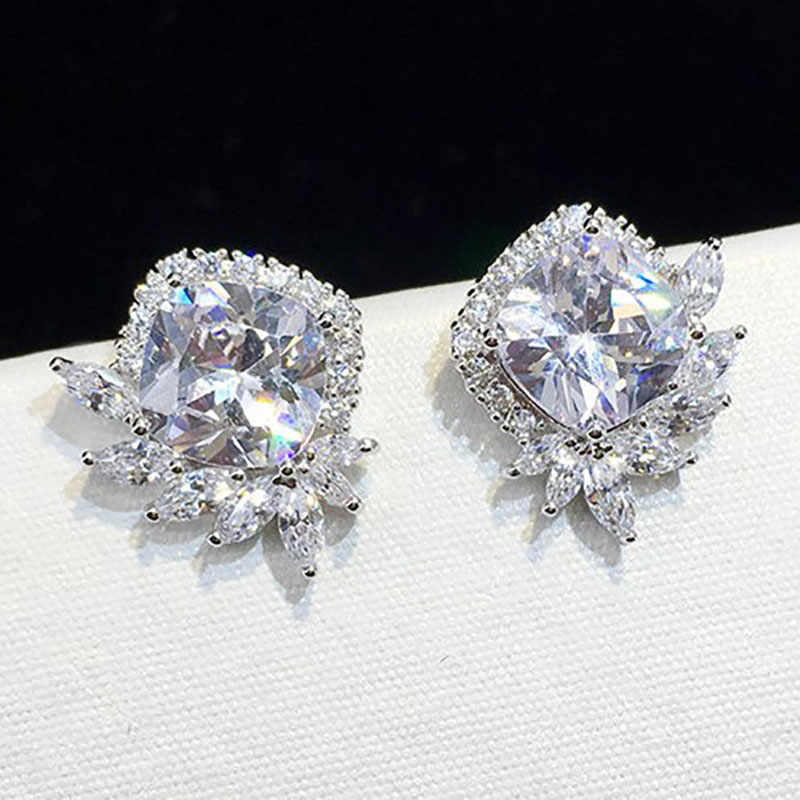 Wholesale White And Gold Flower Square Zirconia Earrings For Women