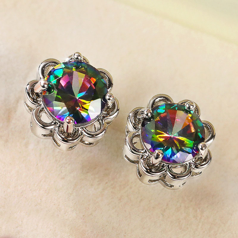Wholesale Special Colored Zircon Flower Earrings Exquisite Copper Plated White Gold Studs