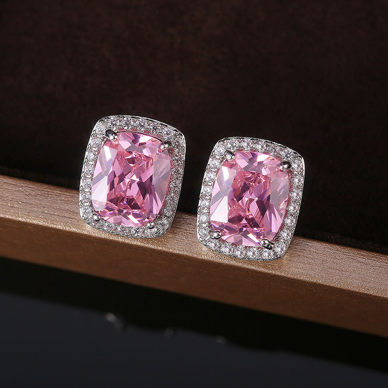 Wholesale Delicate Square Ladies Earrings Full Of Diamonds With Pink Zirconia Studs