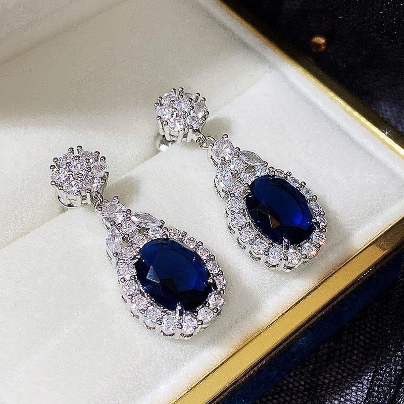 Simple Oval Gemstone Blue Zircon Earrings Manufacturer