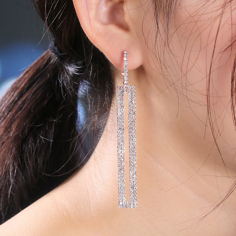Wholesale Women's Long Square With Rhinestones Matching Earrings