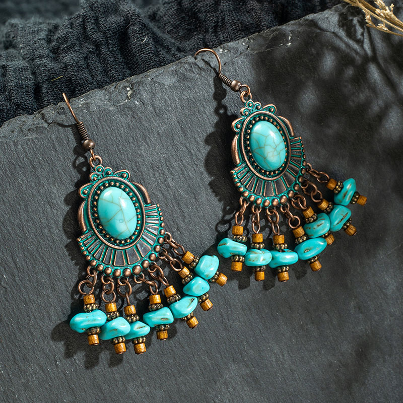 Bohemian Oval Tassel Earrings With Turquoise Studs Distributor