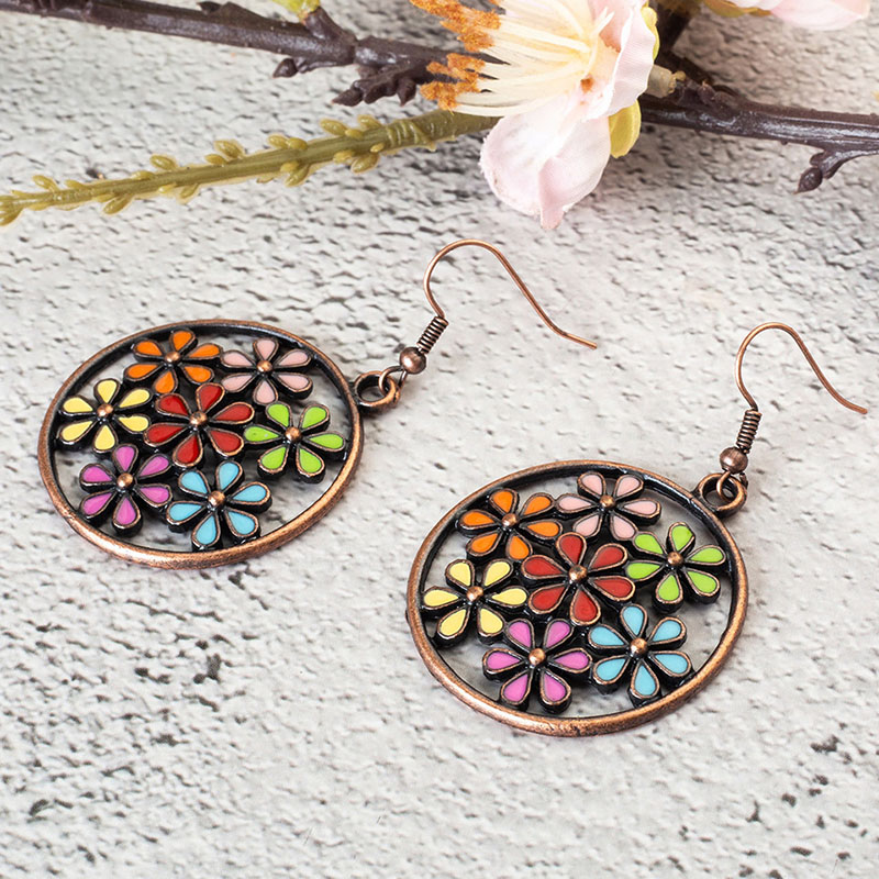 Bohemian Large Circle Hollow Seven Color Flower Oil Drip Alloy Earrings Manufacturer