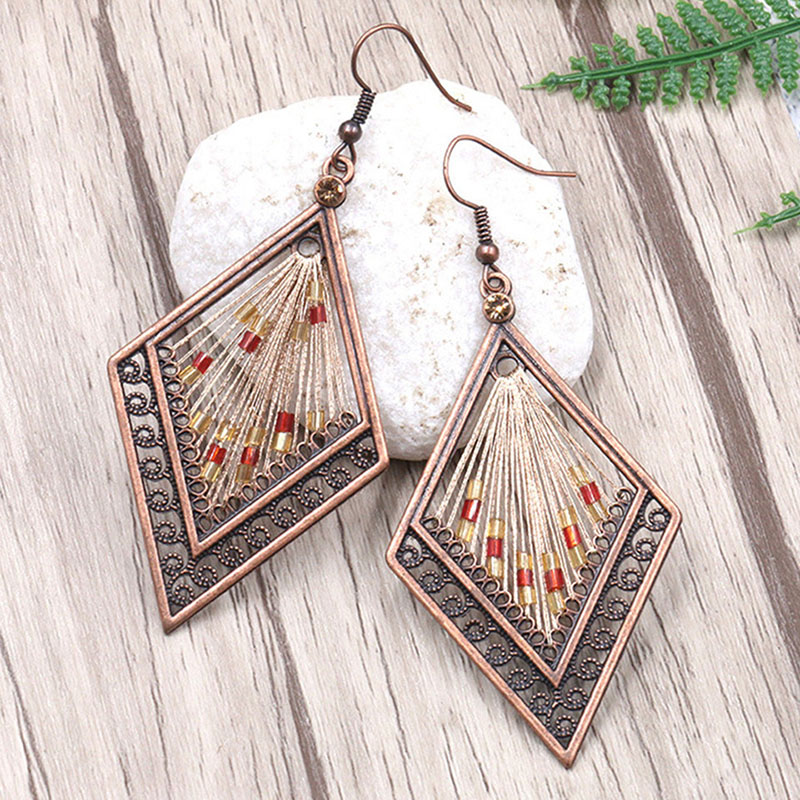 Vintage Diamond Shaped Hand Woven Small Rice Beads Exaggerated Alloy Earrings Manufacturer