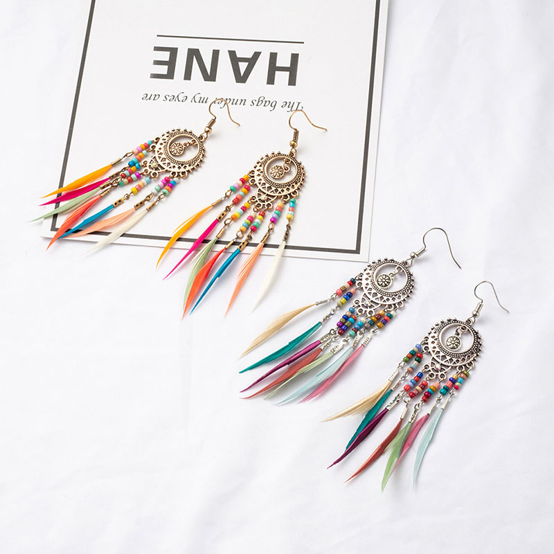 Multicolor Rice Beads Feather Oval Alloy Earrings Manufacturer