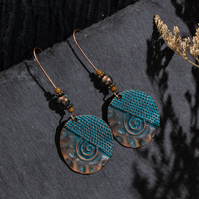 Handmade Peacock Blue Vintage Copper Color Creative Geometric Small Oval Earrings Distributor