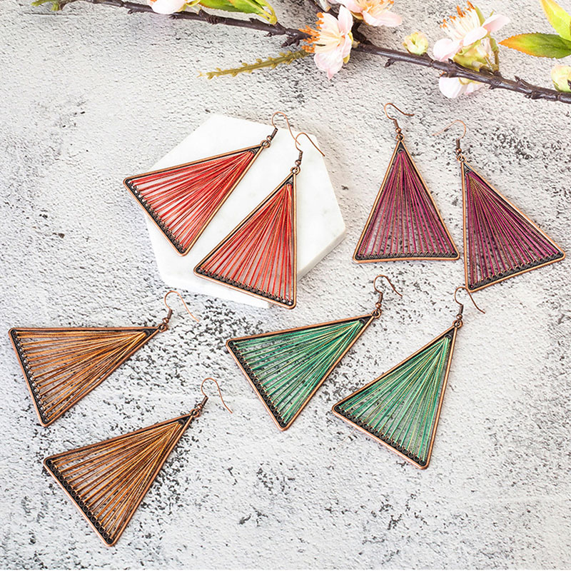 Vintage Geometric Triangle Hand-knitted Wool Tassel Alloy Earrings Manufacturer